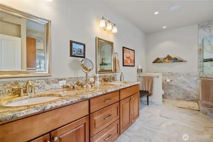 Heated Ceramic Tile, Granite countertops, soft close cabinets