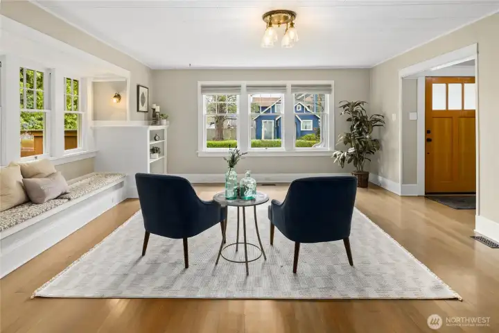 So much natural light in here, custom window treatments and new paint.