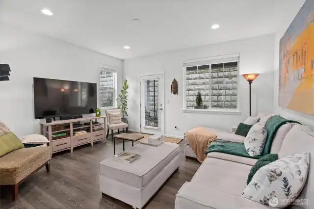 Living room with covered back patio