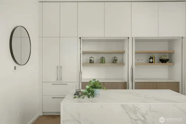 Paneled Miele SMARTGLAS refrigerator with custom doors that roll back for an open or closed sleek look.