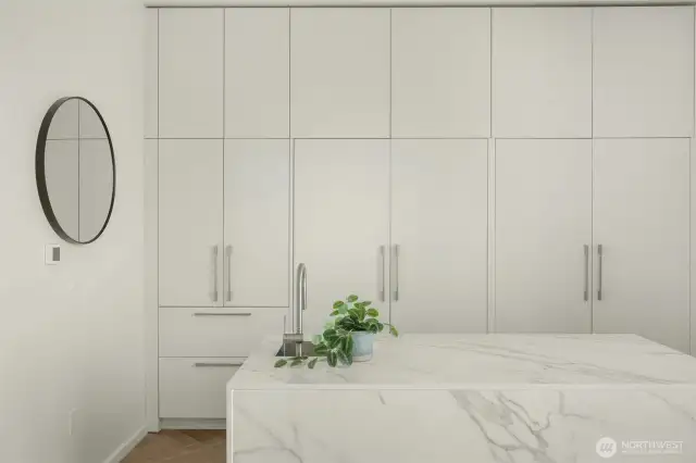 Paneled Miele SMARTGLAS refrigerator with custom doors that roll back for an open or closed sleek look.