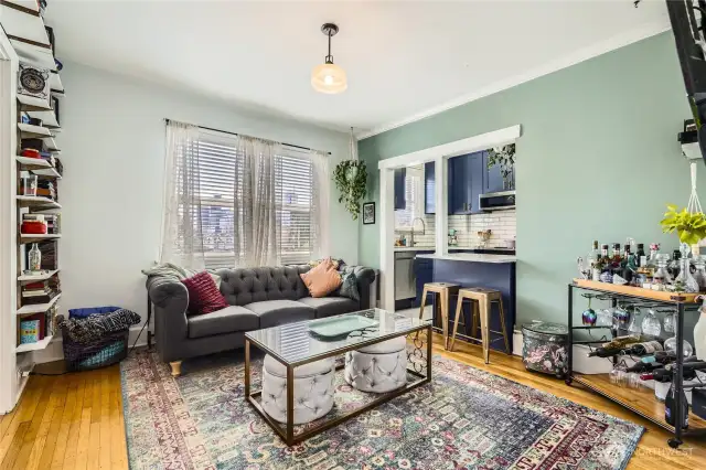 Beautiful and well cared for hardwood floors, classic moldings, calming colors, lots of shelving and storage for all your treasures. This spacious unit is truly a must see. Newly remodeled kitchen with new appliances, counters, tile, cabinets and more.