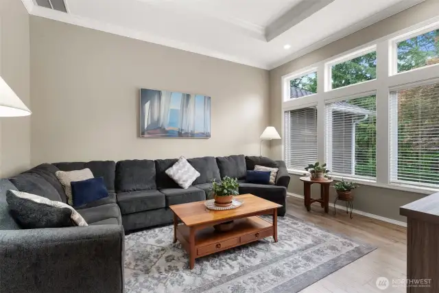 Spacious living room off entry, large windows with custom blinds look out to your front yard.