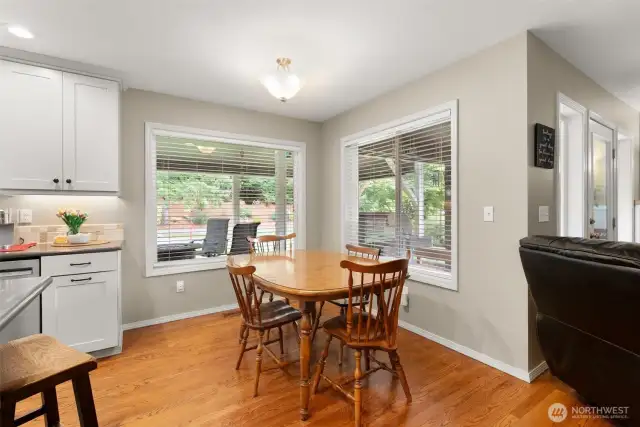 Eat in kitchen offers dining space and counter eating space.