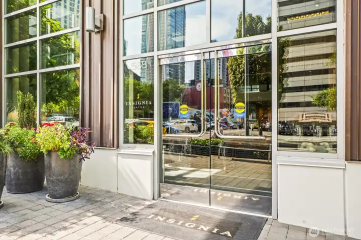 Modern and inviting entrance to the luxurious Insignia Towers.