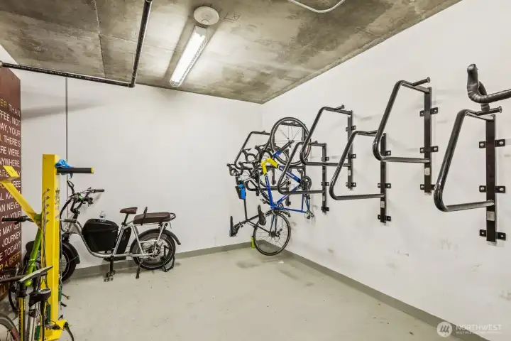 Secure bike storage room equipped with maintenance tools