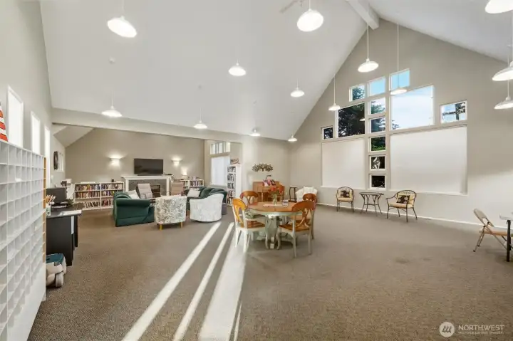 There is a library area and a quite sitting room with a gas fireplace. There is also a dining room and a fully equipped kitchen.