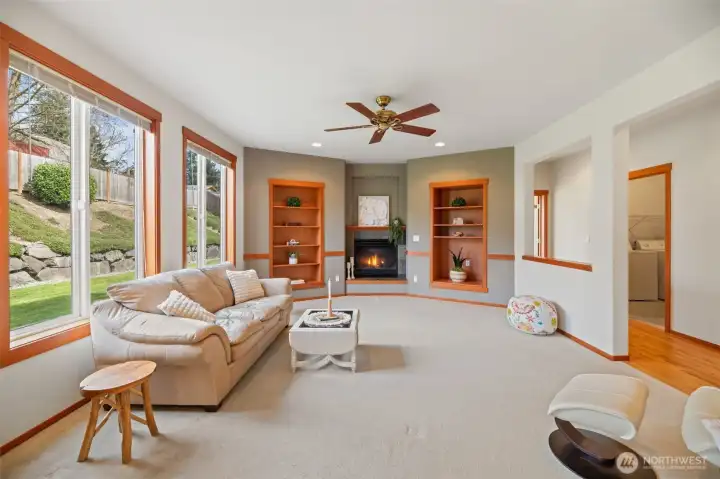 Family room with built in cabinets