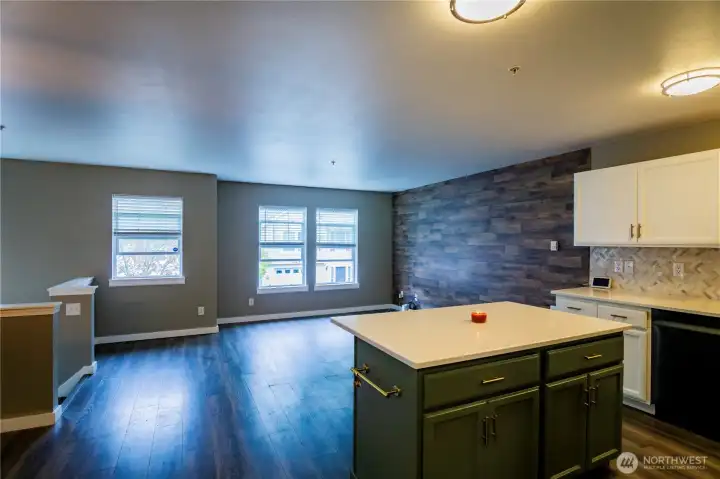 Kitchen Island and Accented Living room Wall
