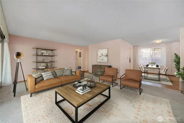 Virtually staged living and dining rooms.