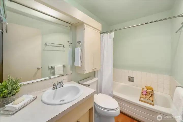 Hallway bathroom has a tub and extra cabinets.