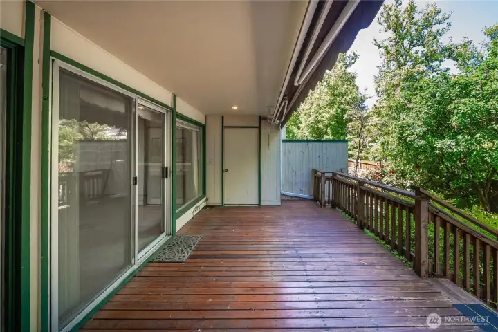 Back deck runs the length of unit 44. Storage unit will hold all your gardening supplies and a bicycle - or two.