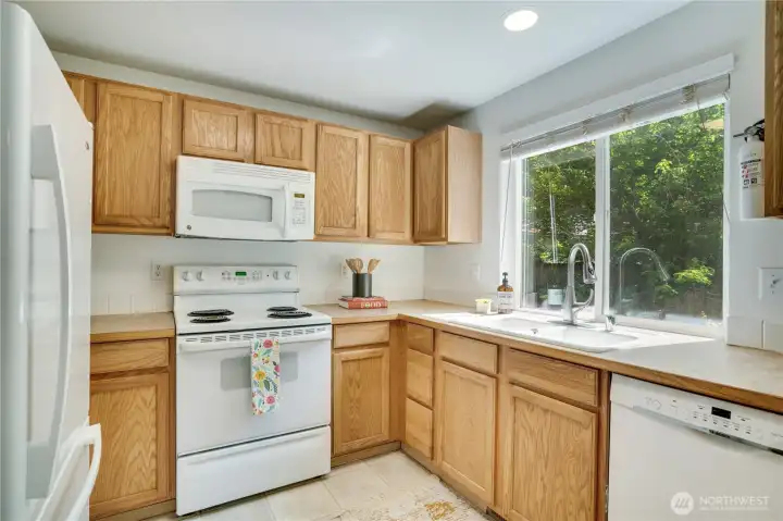 Roses grow below the window in this kitchen with a full set of appliances including: a refrigerator/freezer, oven/range, dishwasher, and microwave. Roses grow below the window in this kitchen with a full set of appliances including: a refrigerator/freezer, oven/range, dishwasher, and microwave.