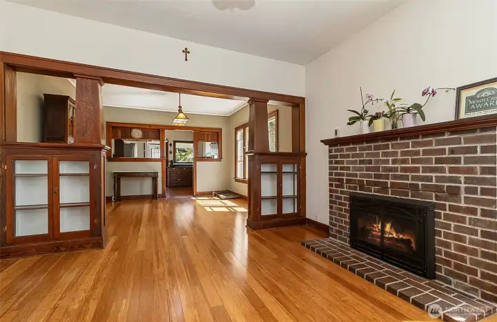 impressive wood trim and gas fireplace