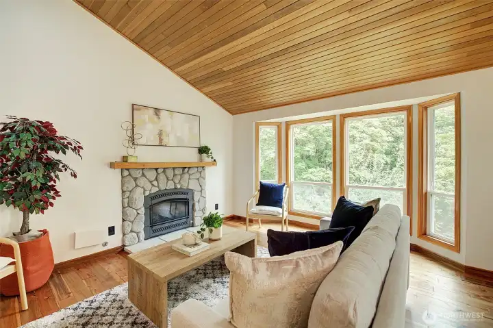 Stone fireplace in the living room.