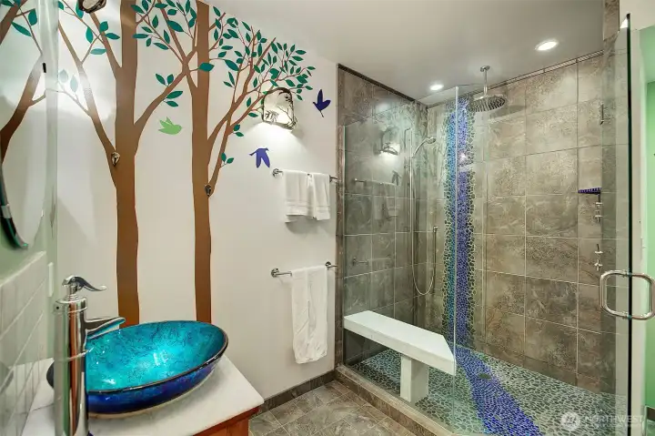 3/4 bath on lower level with sauna.