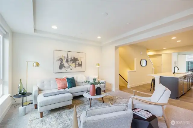 Spacious living room open to the kitchen