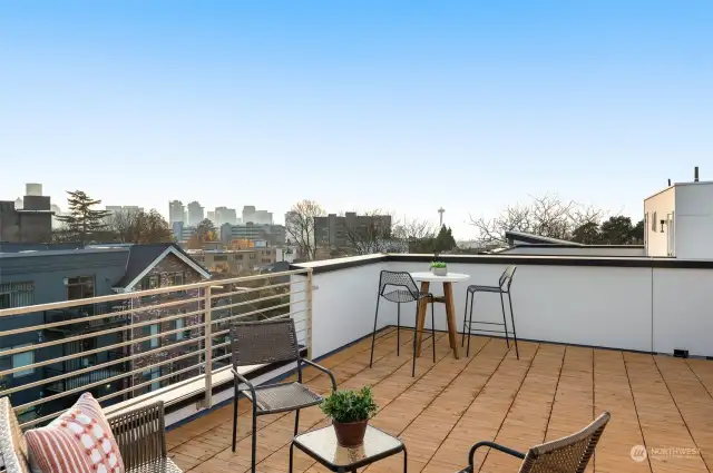 Rooftop deck with stunning cityscape and Space Needle views, perfect for hosting or unwinding in the heart of Seattle.