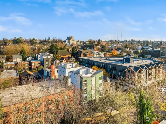Experience urban tranquility with this expansive rooftop perspective, capturing a lively and diverse architectural landscape.