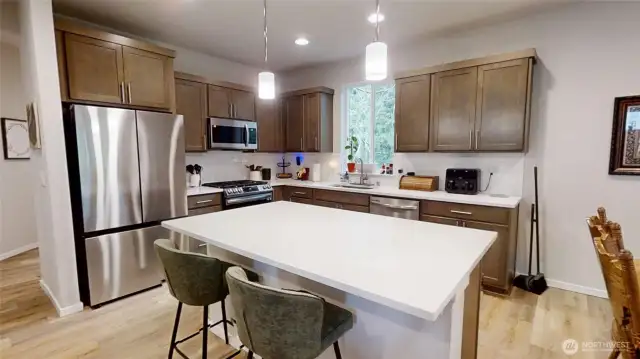 Kitchen with large island, Samsung wifi appliances, upgraded sink, soft close drawers.