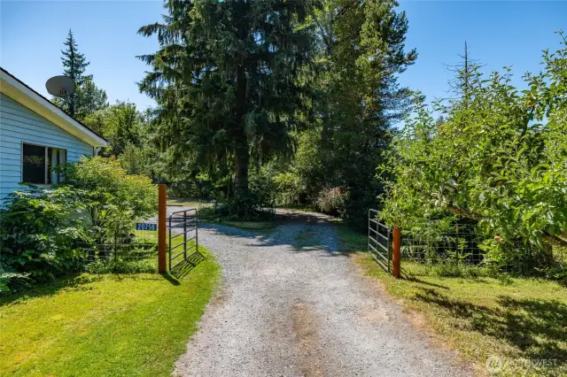 Gated driveway continues to the back of the home