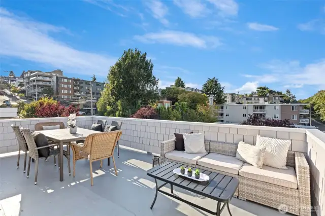 The expansive rooftop deck has views in all directions and room for both dining and living room furniture
