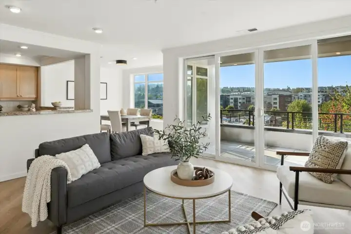 Great room - open floor plan with covered balcony