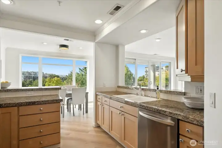 Kitchen flows into dining space