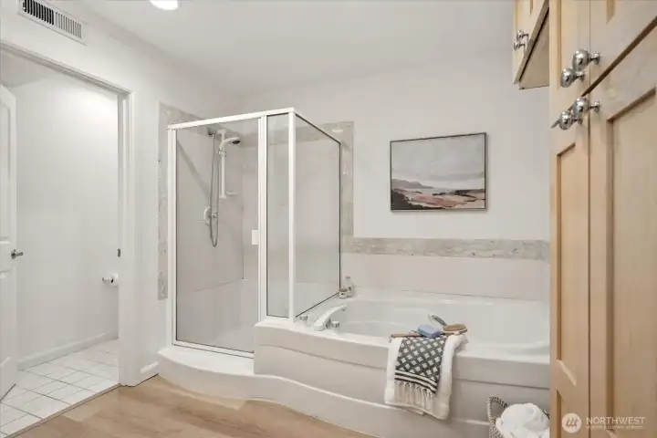 Large soaking tub and shower. Lots of storage