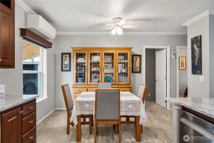This dining space sits right off the kitchen and is perfect for entertaining, whether it’s everyday meals or gathering with friends.