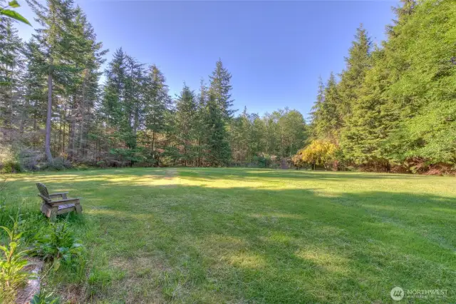 The playfield is a large beautifully manicured lawn surrounded by evergreens. Plenty of sunshine, perfect for games, picnics, and naps.
