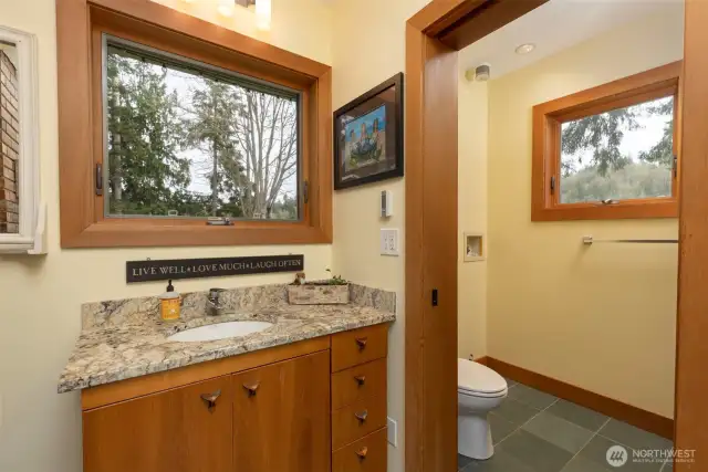 Bathroom adjacent to the great room featuring bay views