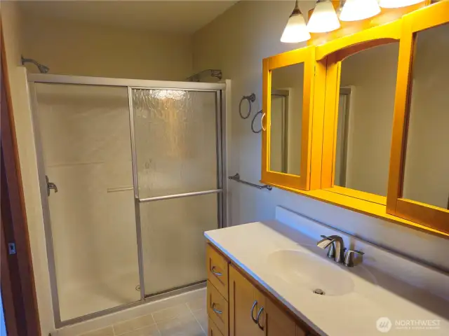The primary suite has an ensuite bath with extra large shower with a built in seat.  Loads of counter space on the extra large vanity.