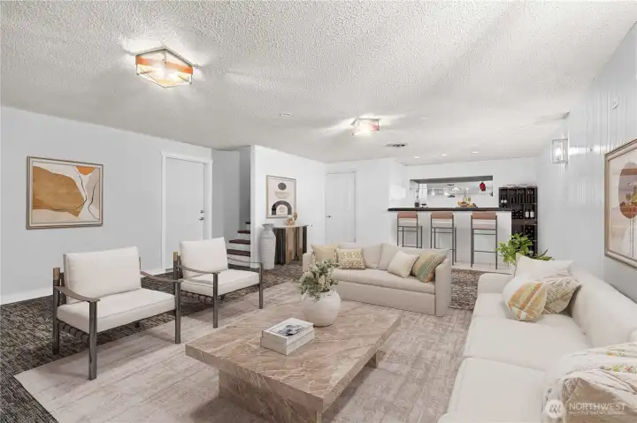 Basement living room virtually staged