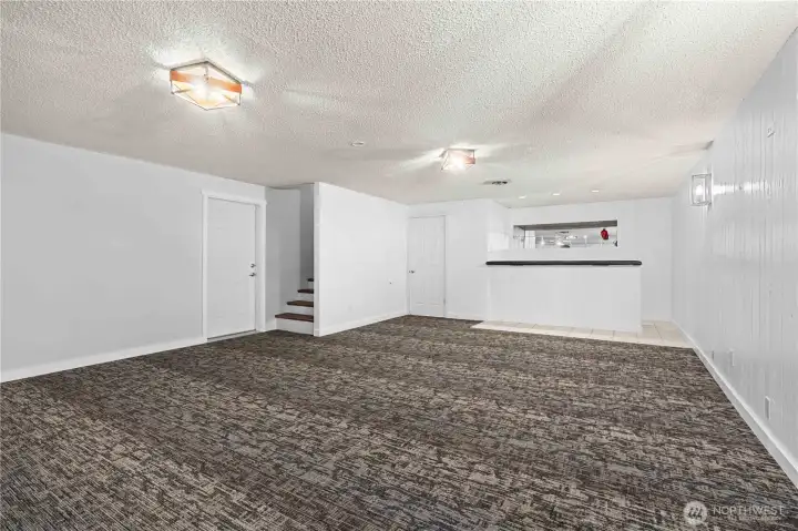 Basement living area w/ bar for entertaining