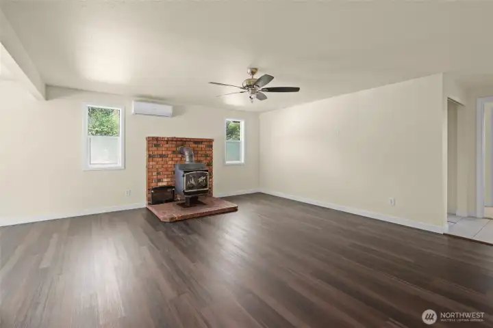 Ductless heat/AC and a huge wood burning stove.