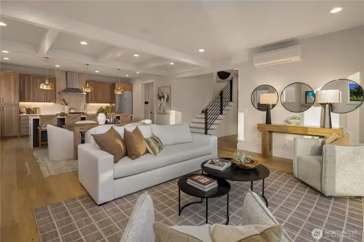 Great room concept for entertaining with oak engineered hardwoods