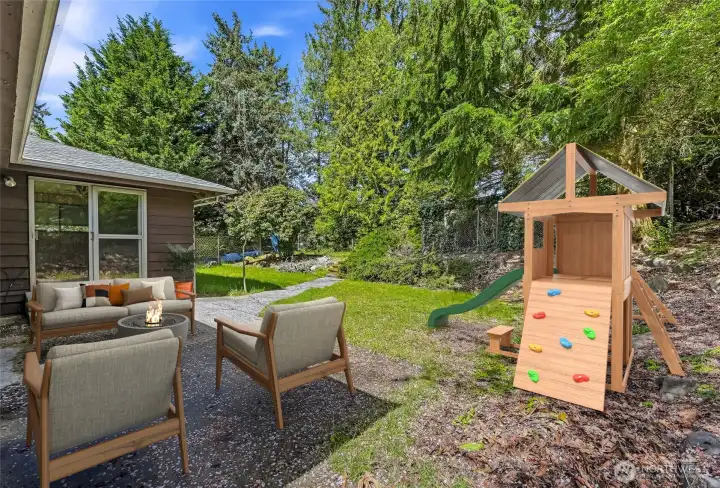 Private patio with mature landscaping