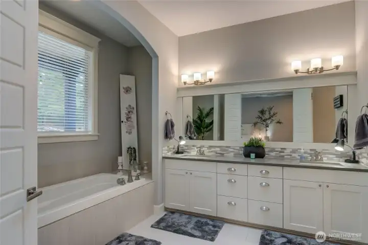 Bath with soaking tub, dual vanity, spa like shower