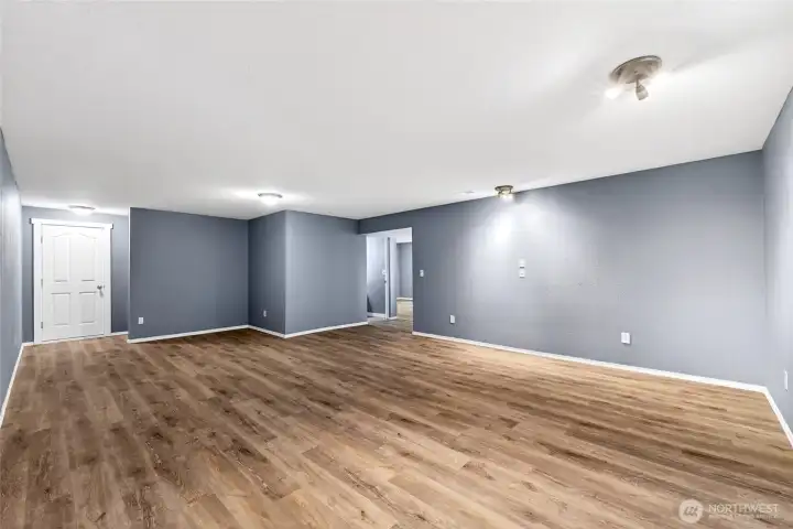 Huge TV/theater room in basement. Closed door is extra storage. To the right are beds 4 & 5.