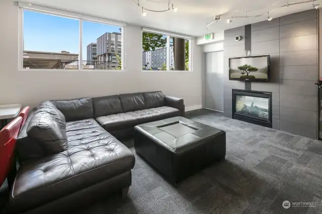 Building's community room with kitchen.