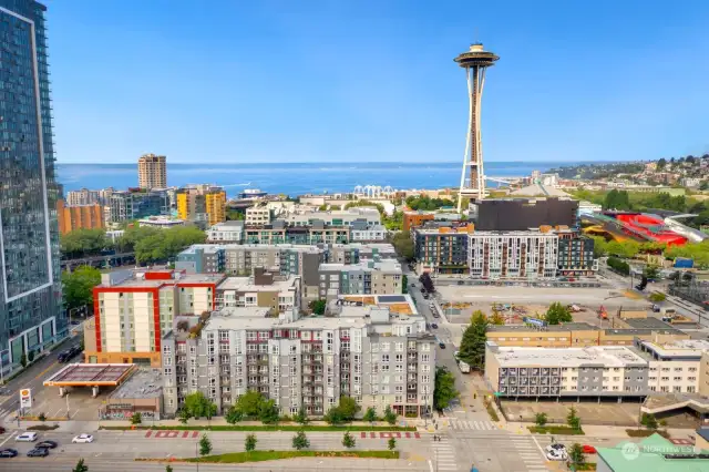 The Marselle Condominiums are located in the South Lake Union area near the hub of technology and innovation.  In the forefront of the picture is the building on the corner of 7th and John Street.  Toward the west is the Seattle Center with the iconic Space Needle, the Seattle Science Center and the Museum of Pop Culture.