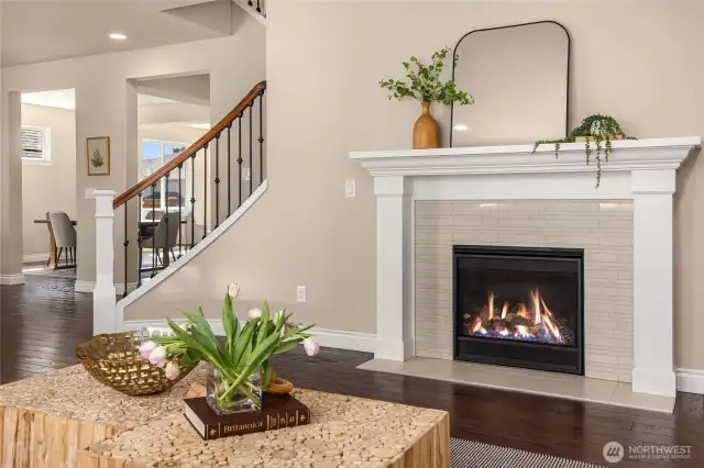 The cozy propane fireplace in the family room.