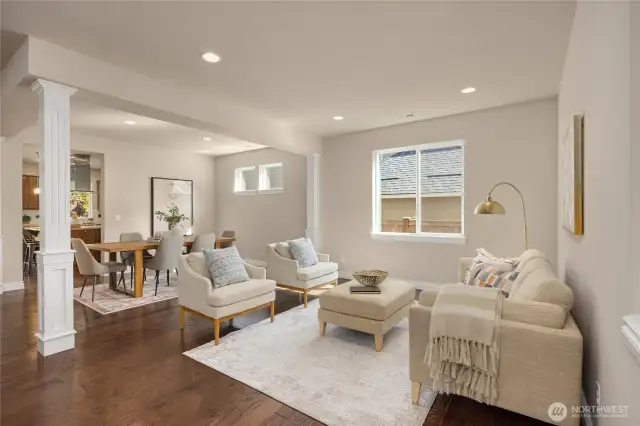 The gracious living room off of the entryway.