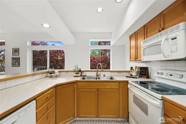 Large kitchen with plenty of counter space and tons of natural light! All appliances stay.