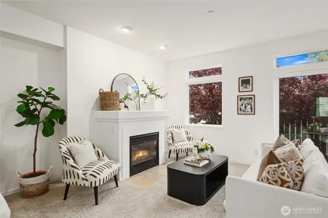 Large gas fireplace in living room.