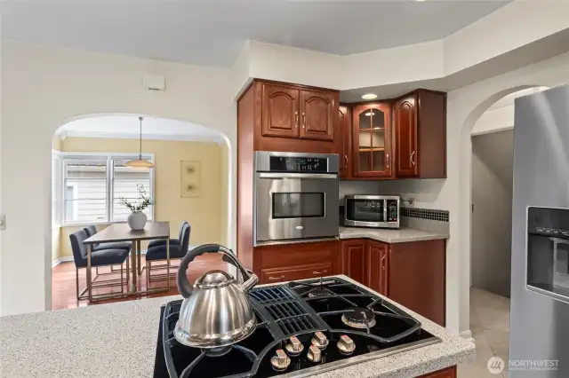 A view into the dining room from behind the kitchen counter