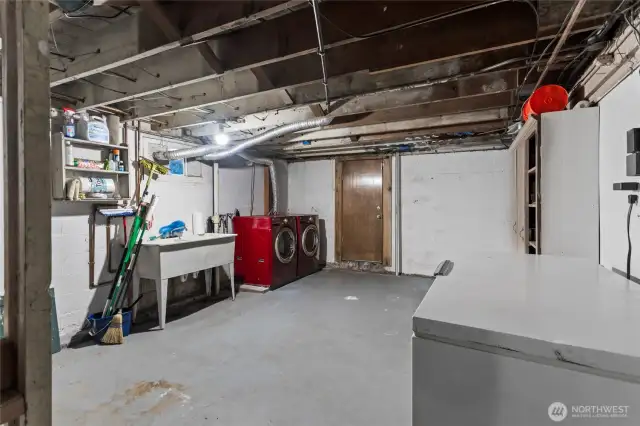 A partially finished basement with laundry and a door to the backyard
