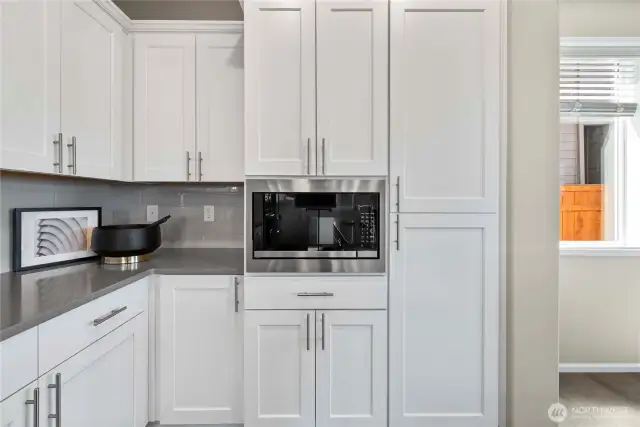 Built in microwave. Lots of cabinet storage.