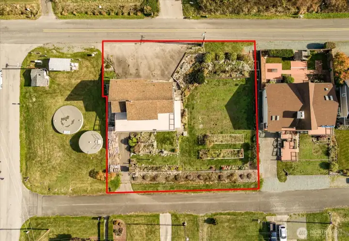 Aerial outlining the property with 2 lots.